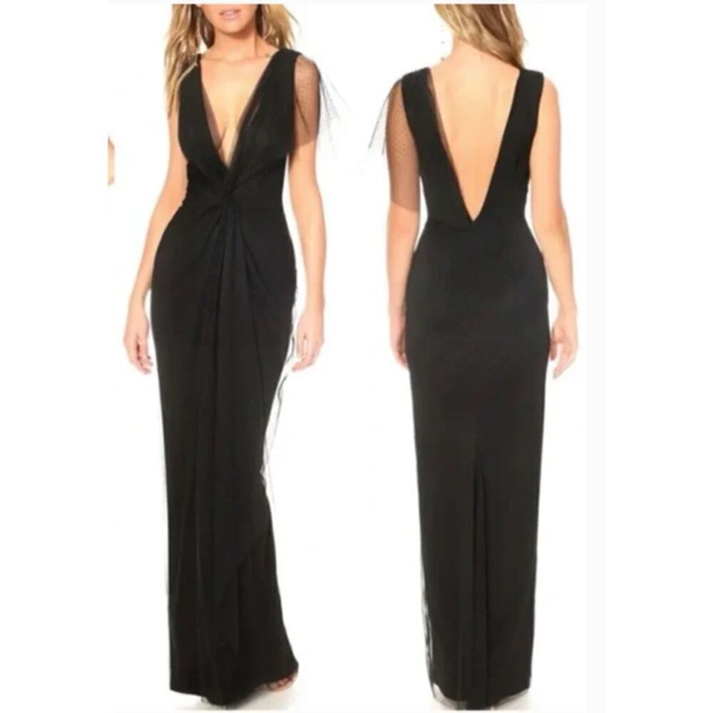 Katie May Olivia Gown Black Plunge Neckline Mesh Overlay S